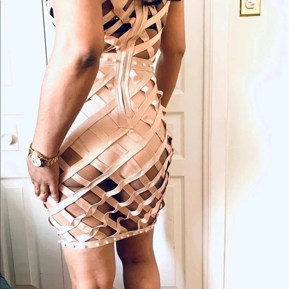 FASHION NOVA BANDAGE SEXY DRESS  TAN COLOR MEDIJM - Picture 7 of 16
